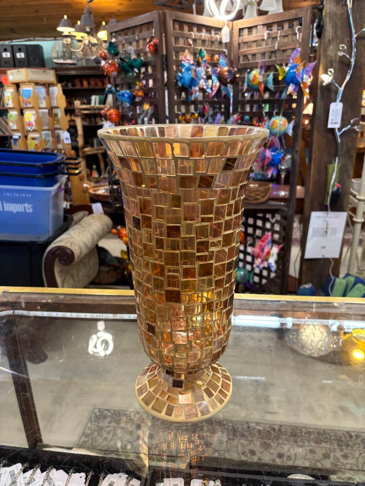 Amber Gold Mosaic Glass Flared Trumpet Vase