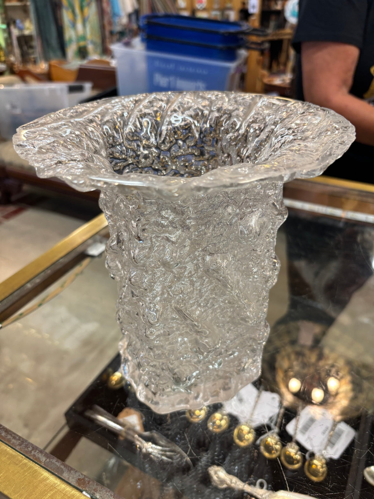 Clear Textured Art Glass Vase with Wide Ruffled Rim