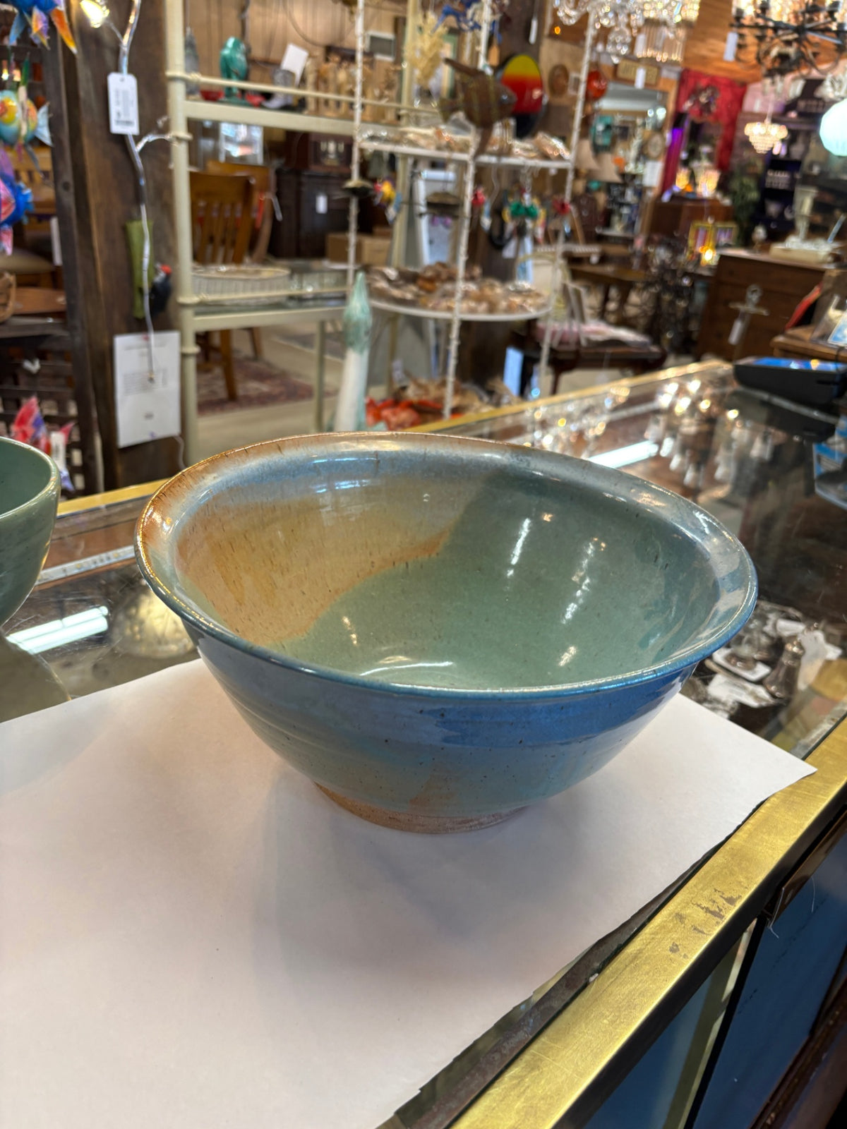 Handcrafted Signed Studio Pottery Bowl – Blue & Seafoam Green