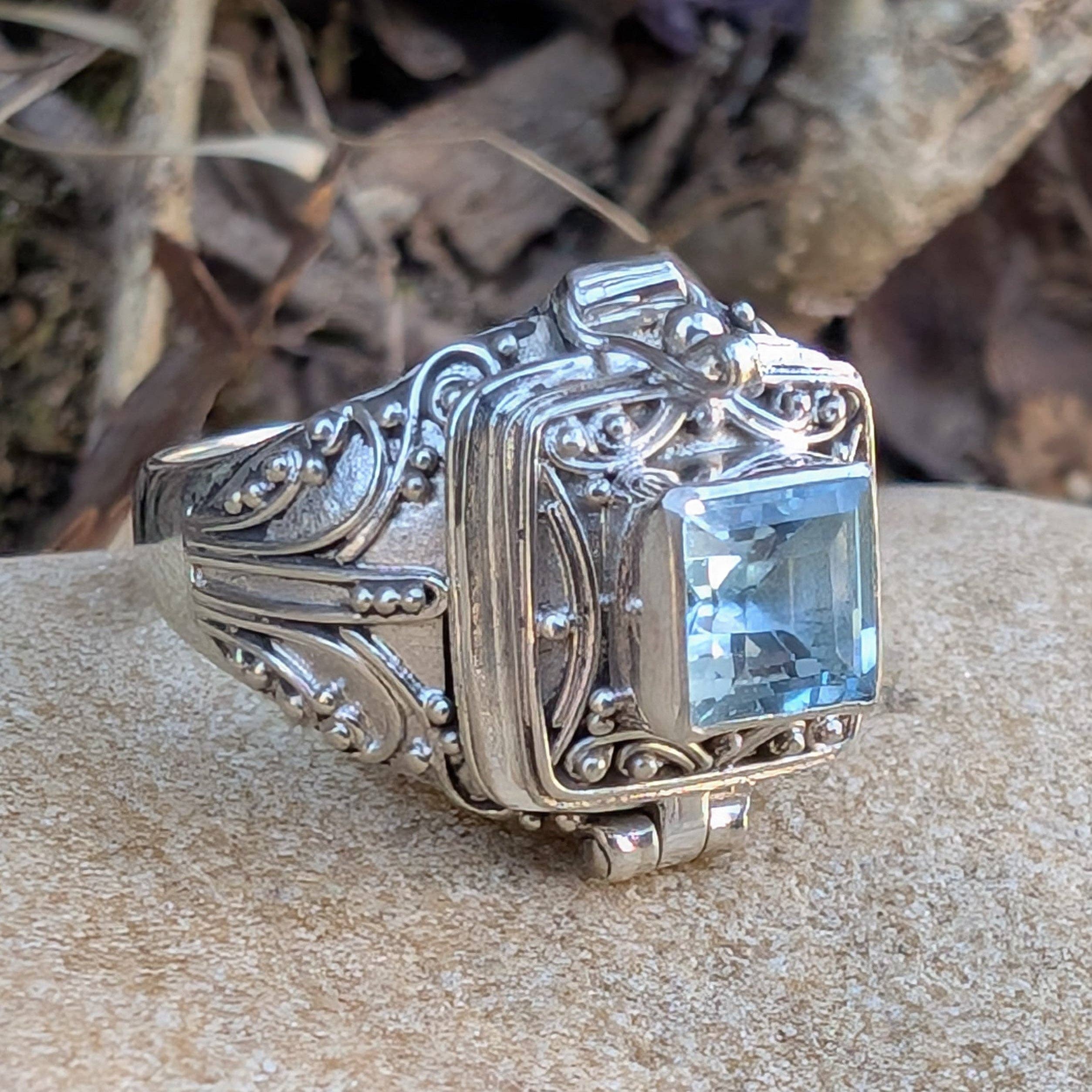 Midnight Elixir - Square Poison Locket Box Sterling Silver Ring: Blue Topaz / 7