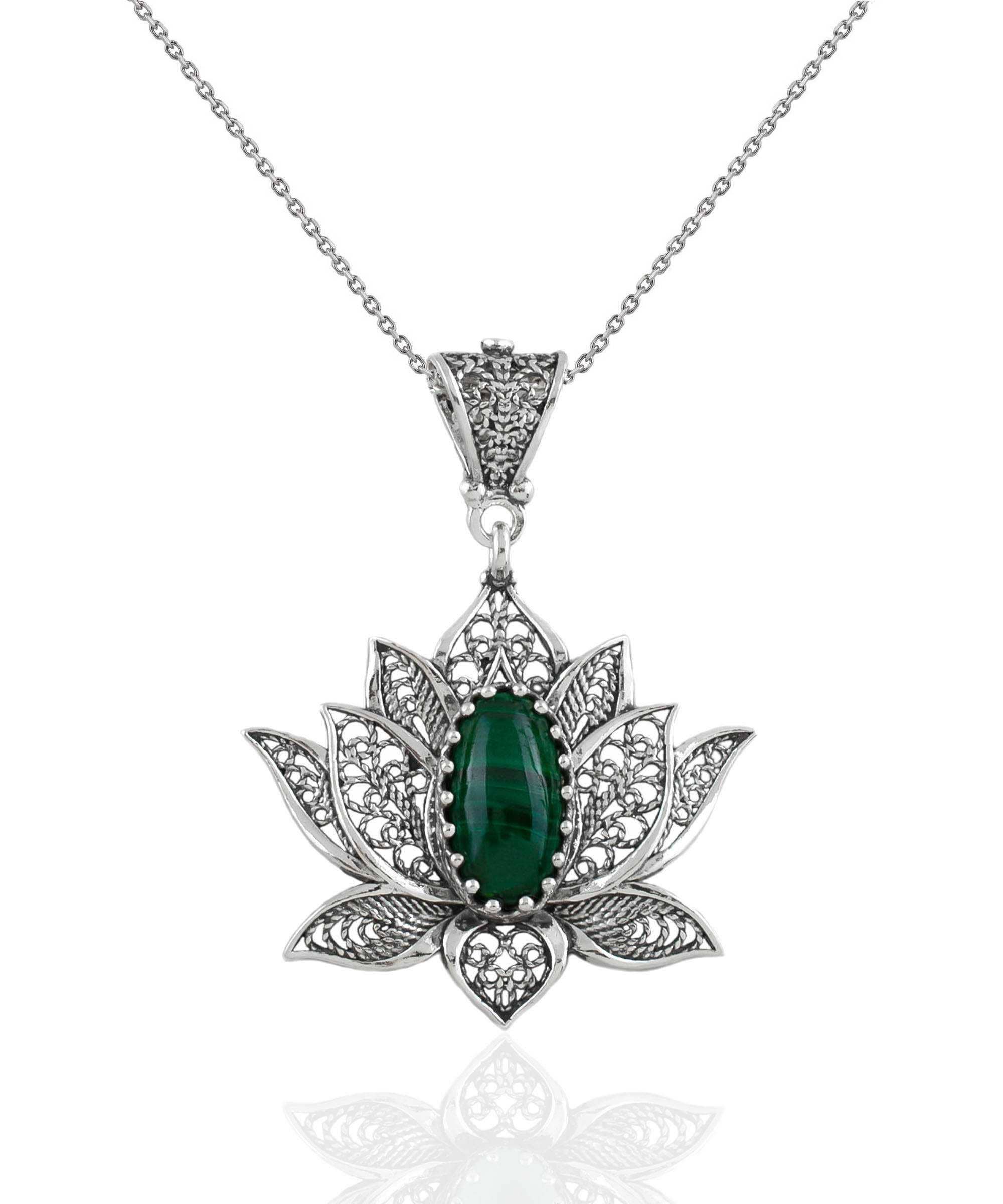Sterling Silver Filigree Lotus Malachite Gemstone Woman Pendant Necklace: With 20" Silver Chain