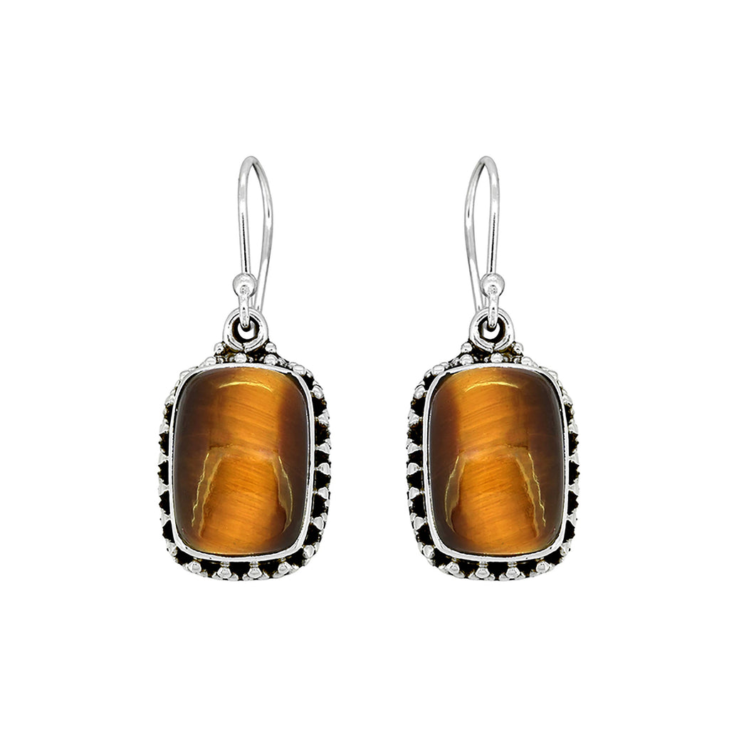 925 Sterling Silver Tiger Eye Gemstone Dangle Earrings