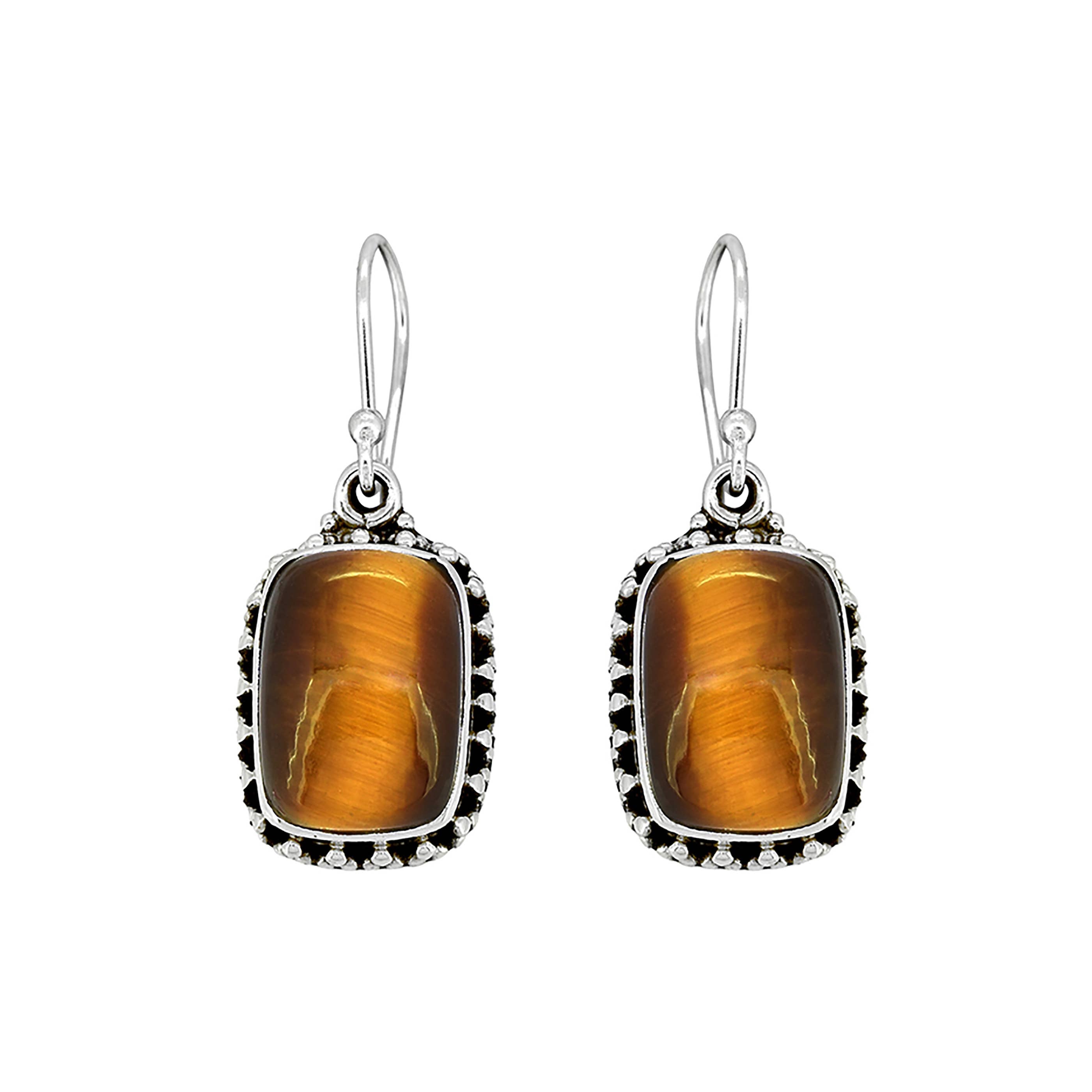 925 Sterling Silver Tiger Eye Gemstone Dangle Earrings