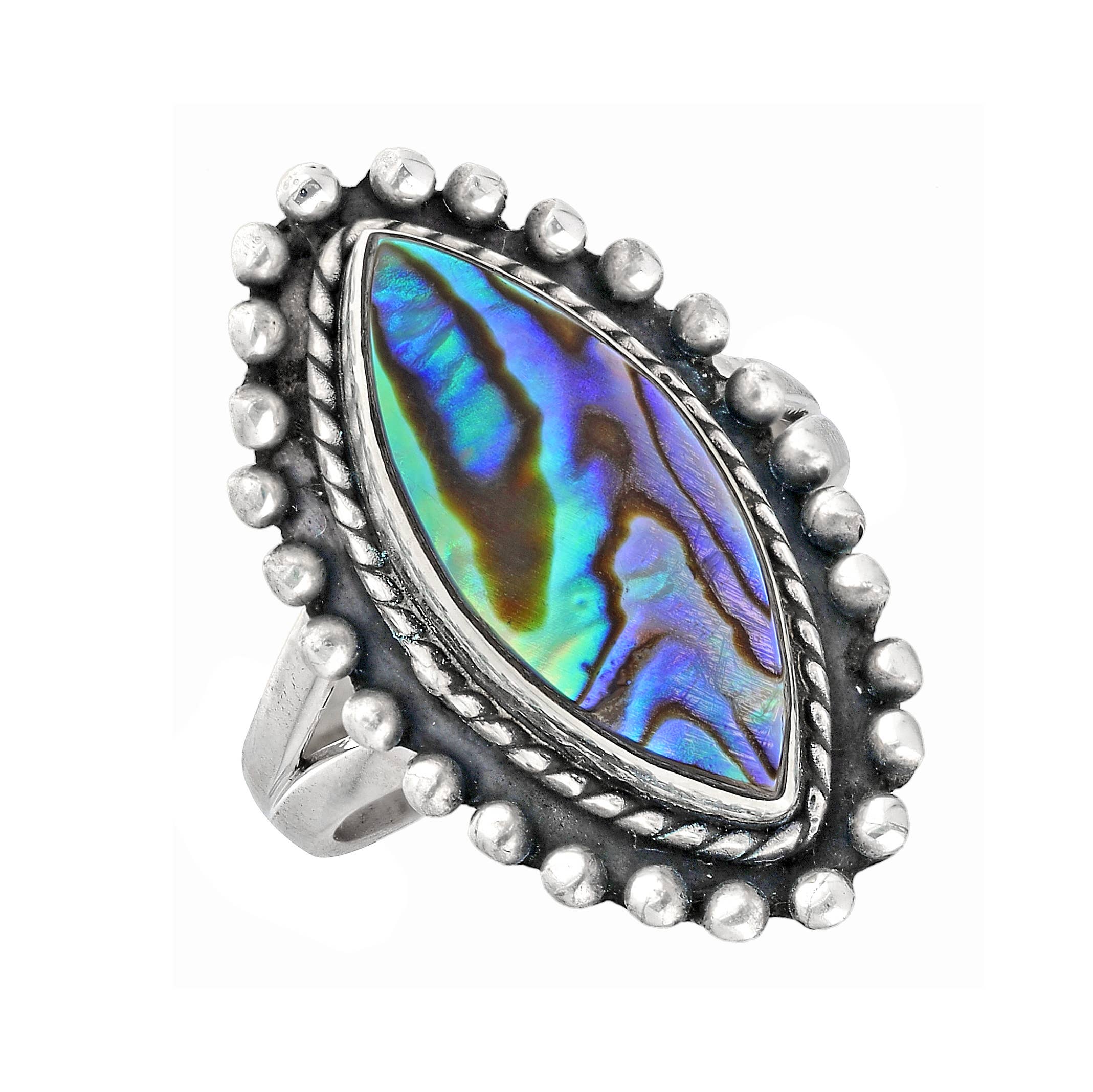 925 Sterling Silver Marquise Abalone Shell Textured Ring: 9