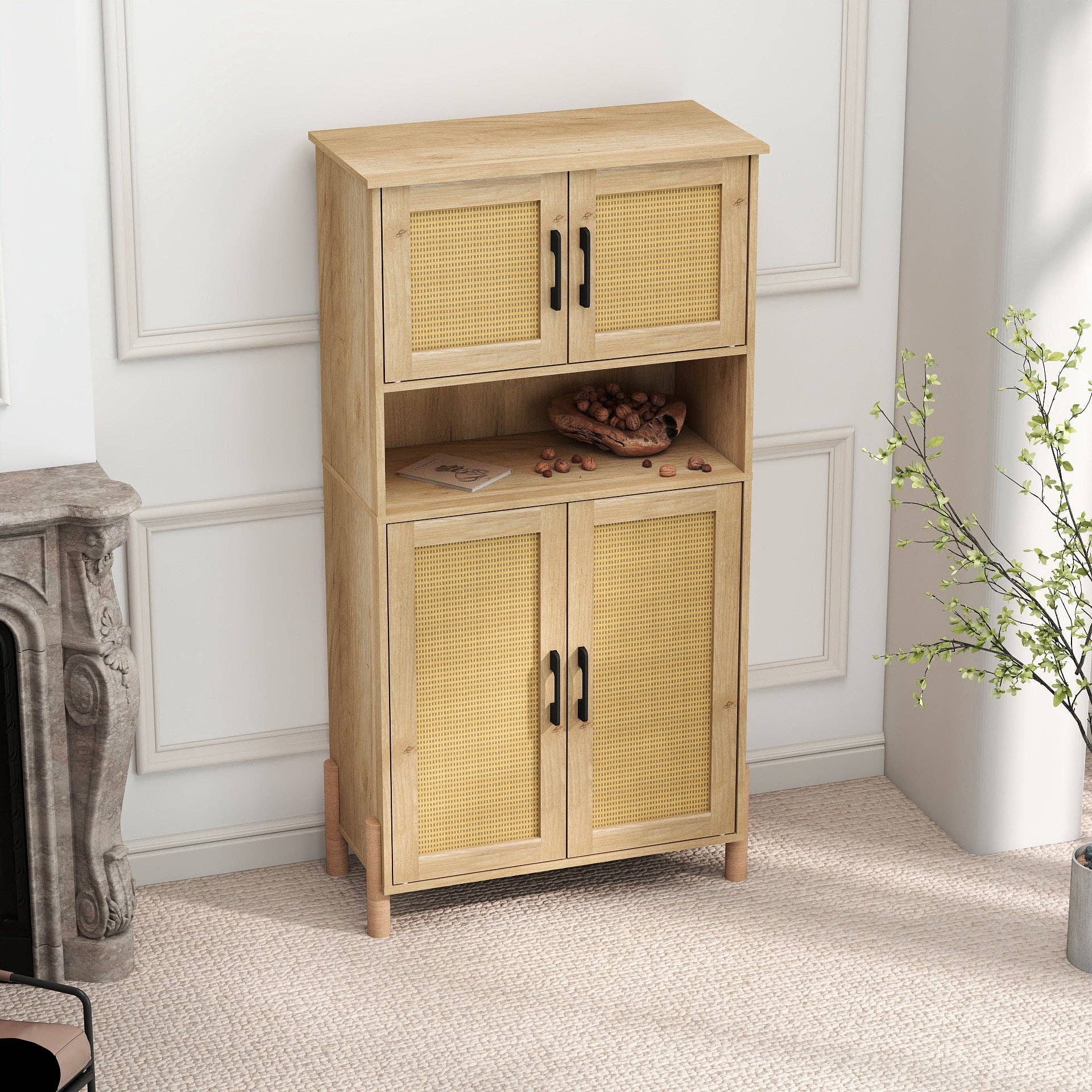 Mid-Century Modern 4-Door Storage Cabinet with Rattan Doors