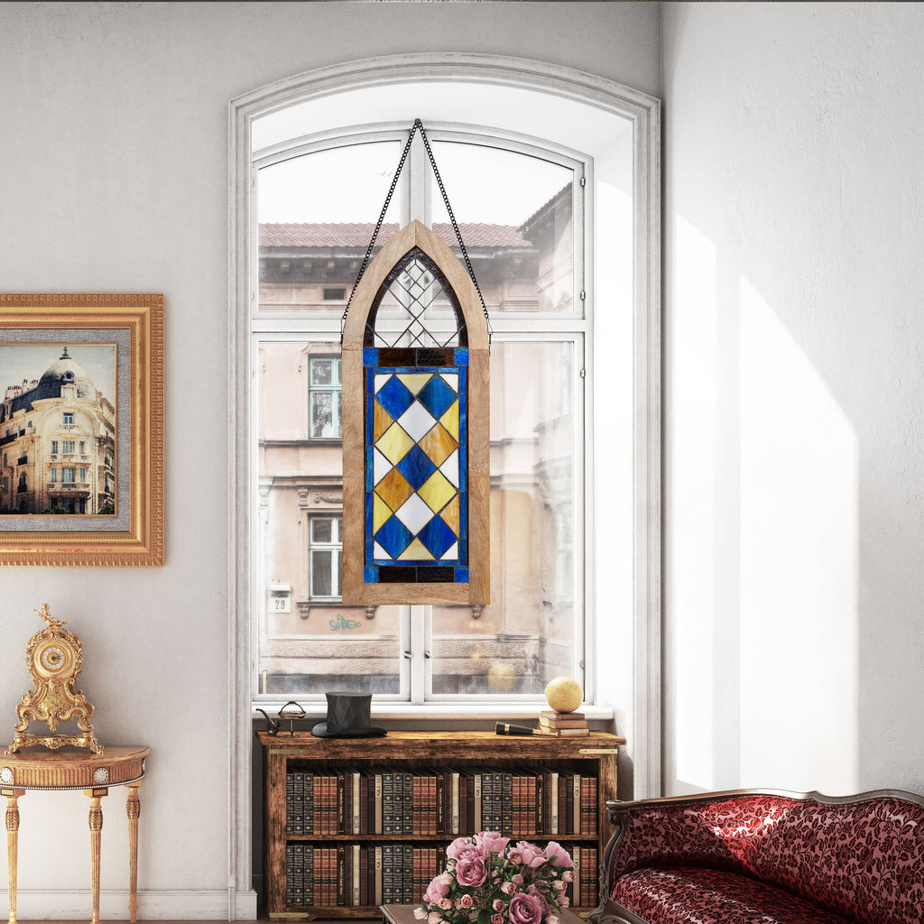 36"H Victorian Checkerboard Stained Glass Window Panel