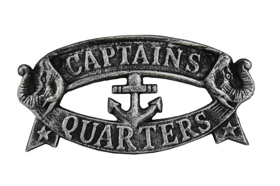 Antique Silver Cast Iron Captains Quarters Sign 8"