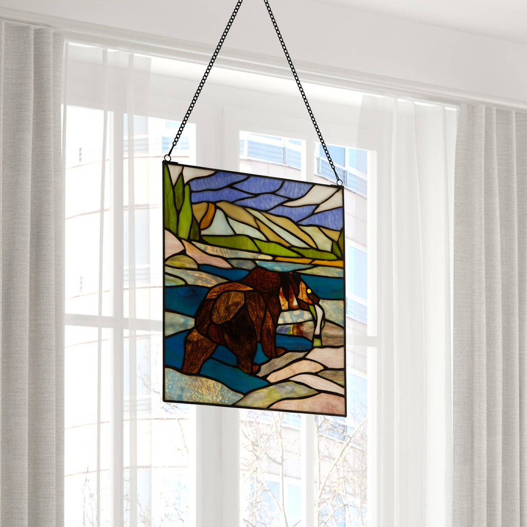 14"H Brown Bear Stained Glass Window Panel