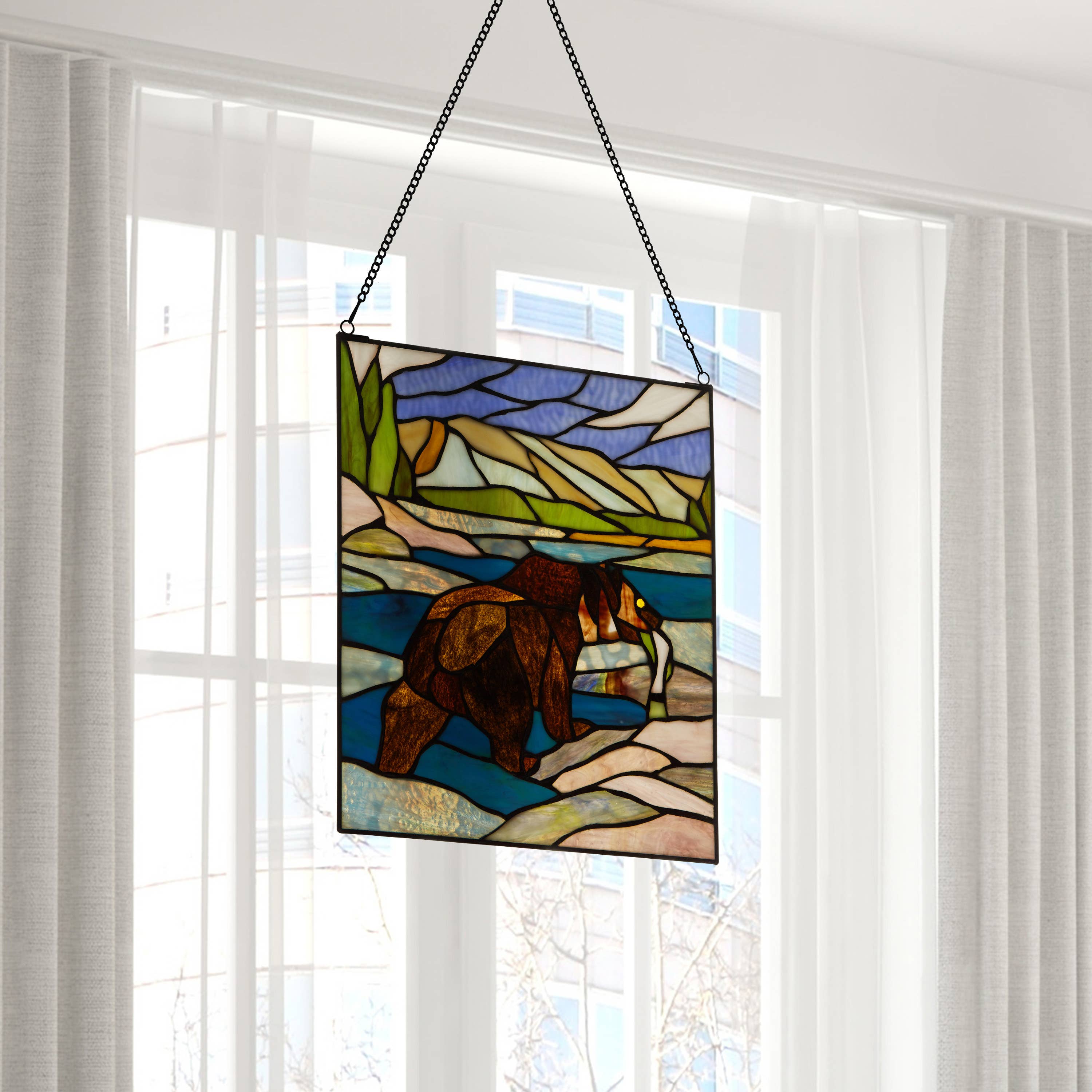 14"H Brown Bear Stained Glass Window Panel
