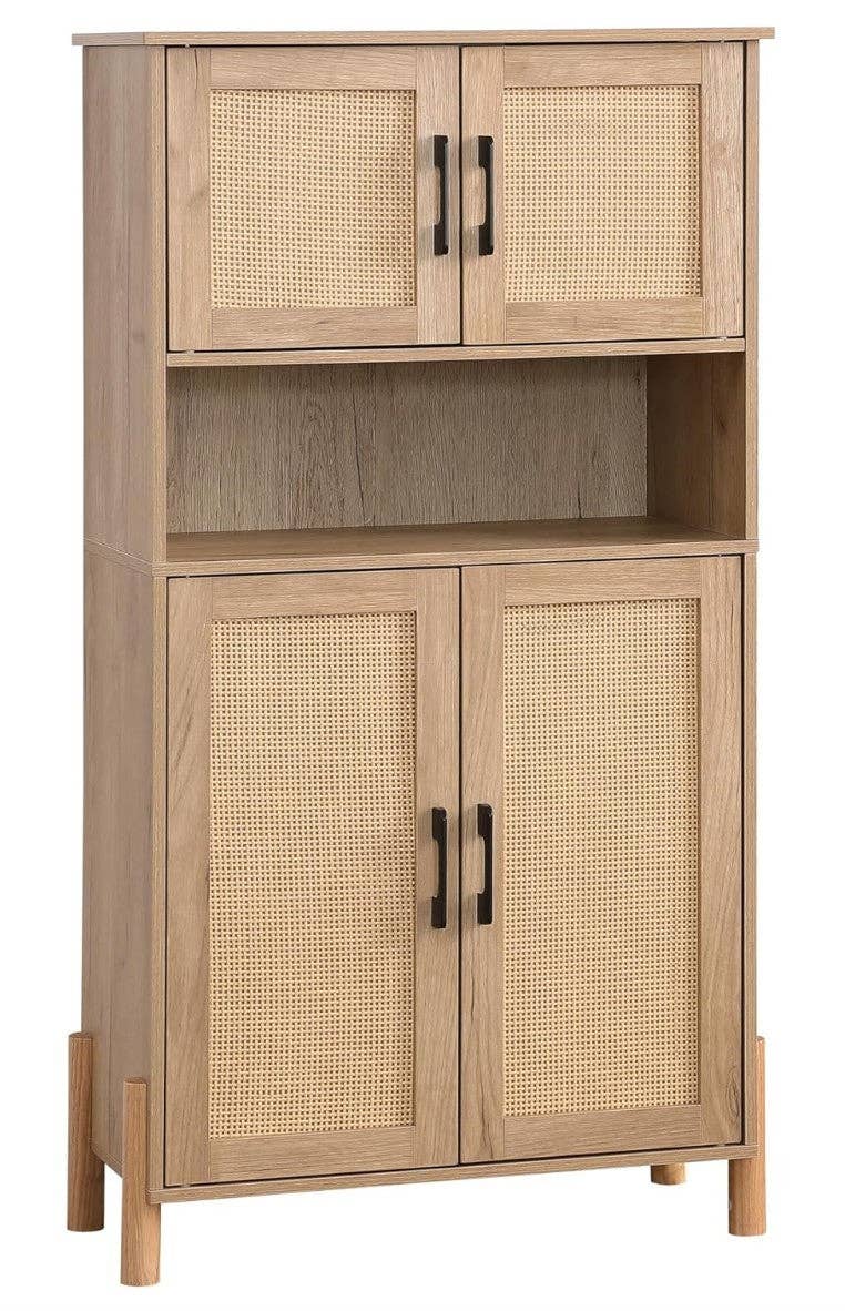 Mid-Century Modern 4-Door Storage Cabinet with Rattan Doors