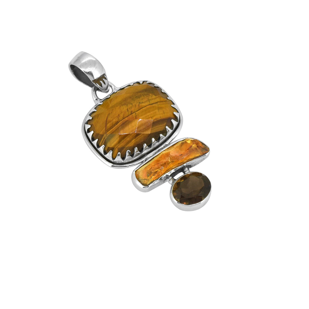 925 Sterling Silver Tiger Eye Rough Citrine Gemstone Pendant