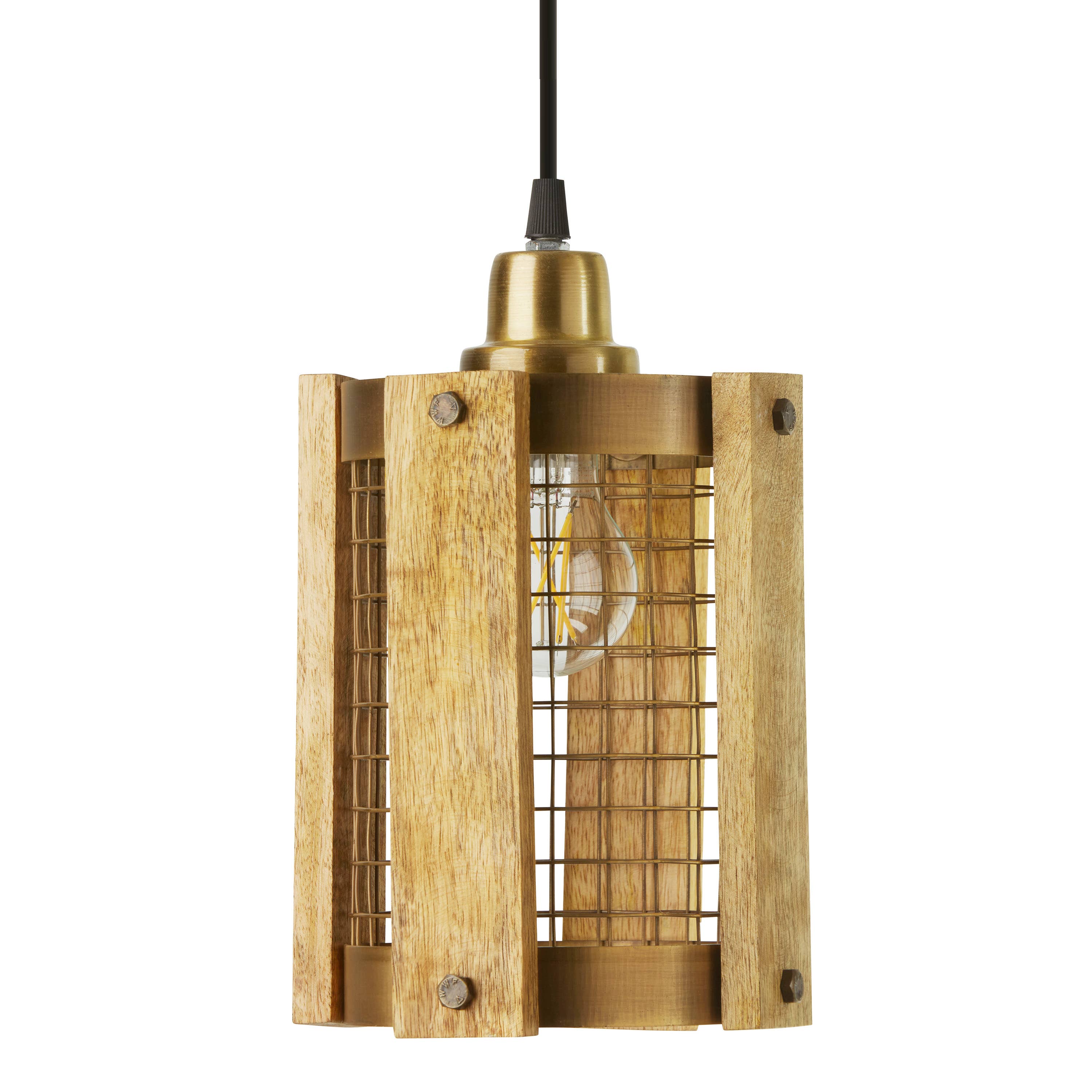 5"W Brushed Gold Metal Pendant Light with Wood Shade