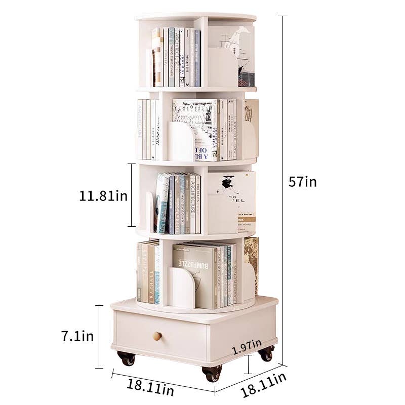 Rotating Wooden Bookcase with Storage Drawer,Swivel Design: White / 5-Tier