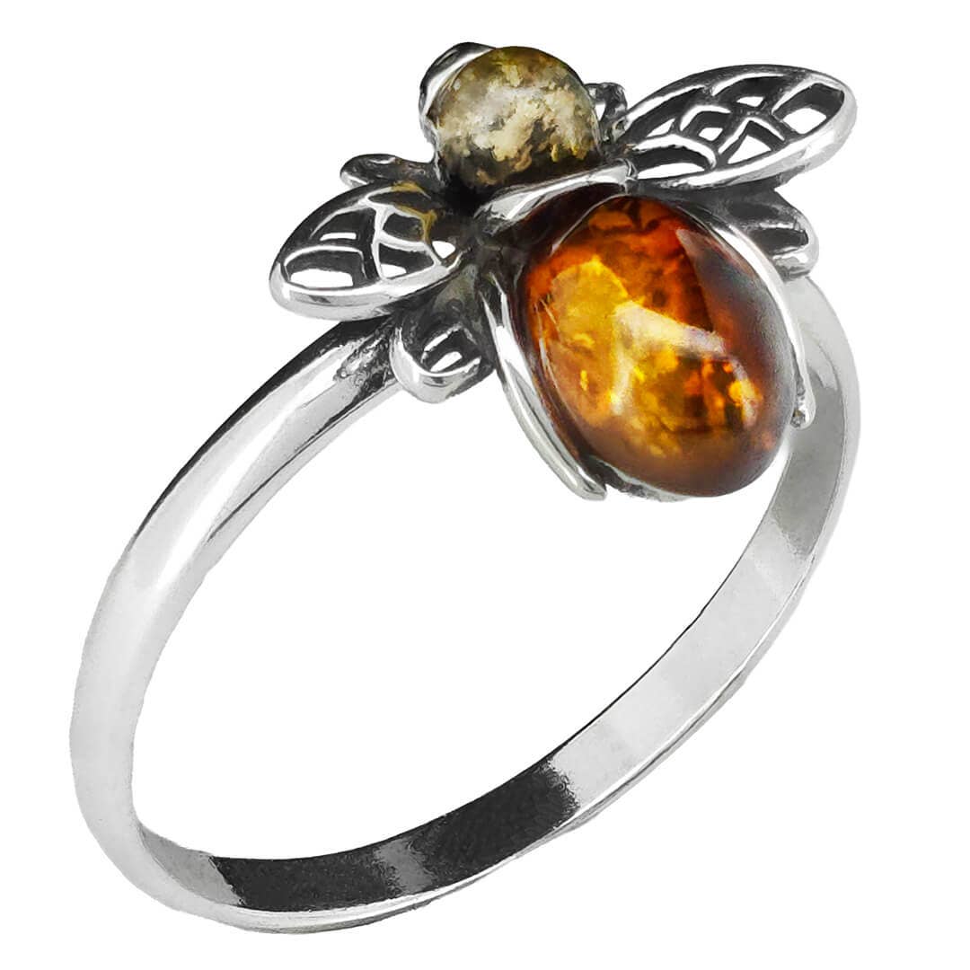 Multicolor Amber Sterling Silver Bee Ring: 7