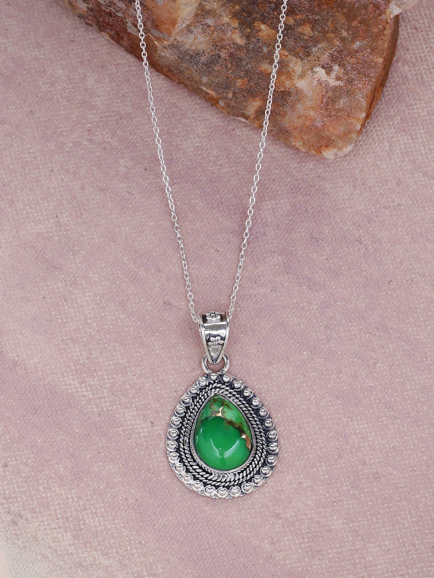 Green Copper Turquoise 925 Sterling Silver Chain Pendant