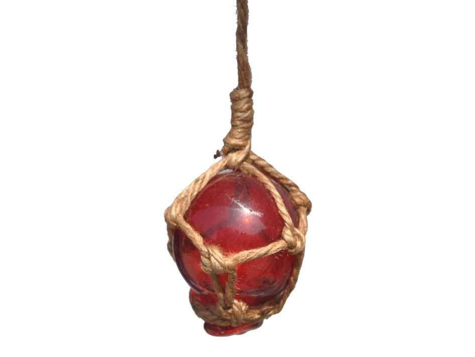 Red Japanese Glass Ball With Brown Netting Christmas Ornament 2"