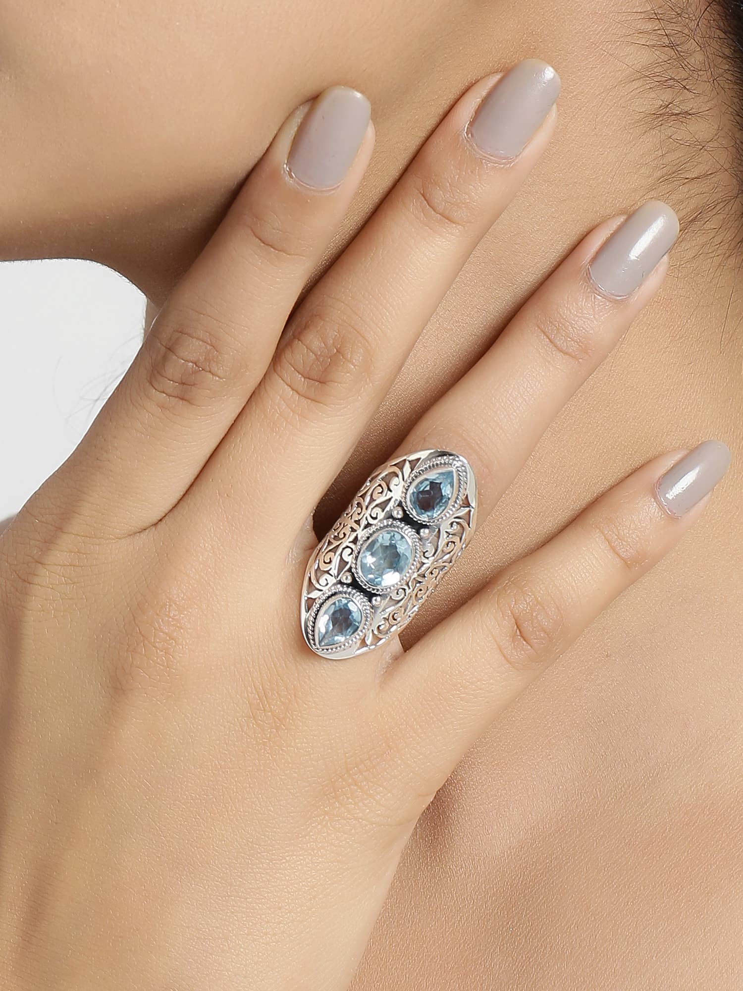 925 Silver Triple Blue Topaz Gem Filigree Precision Ring: 7
