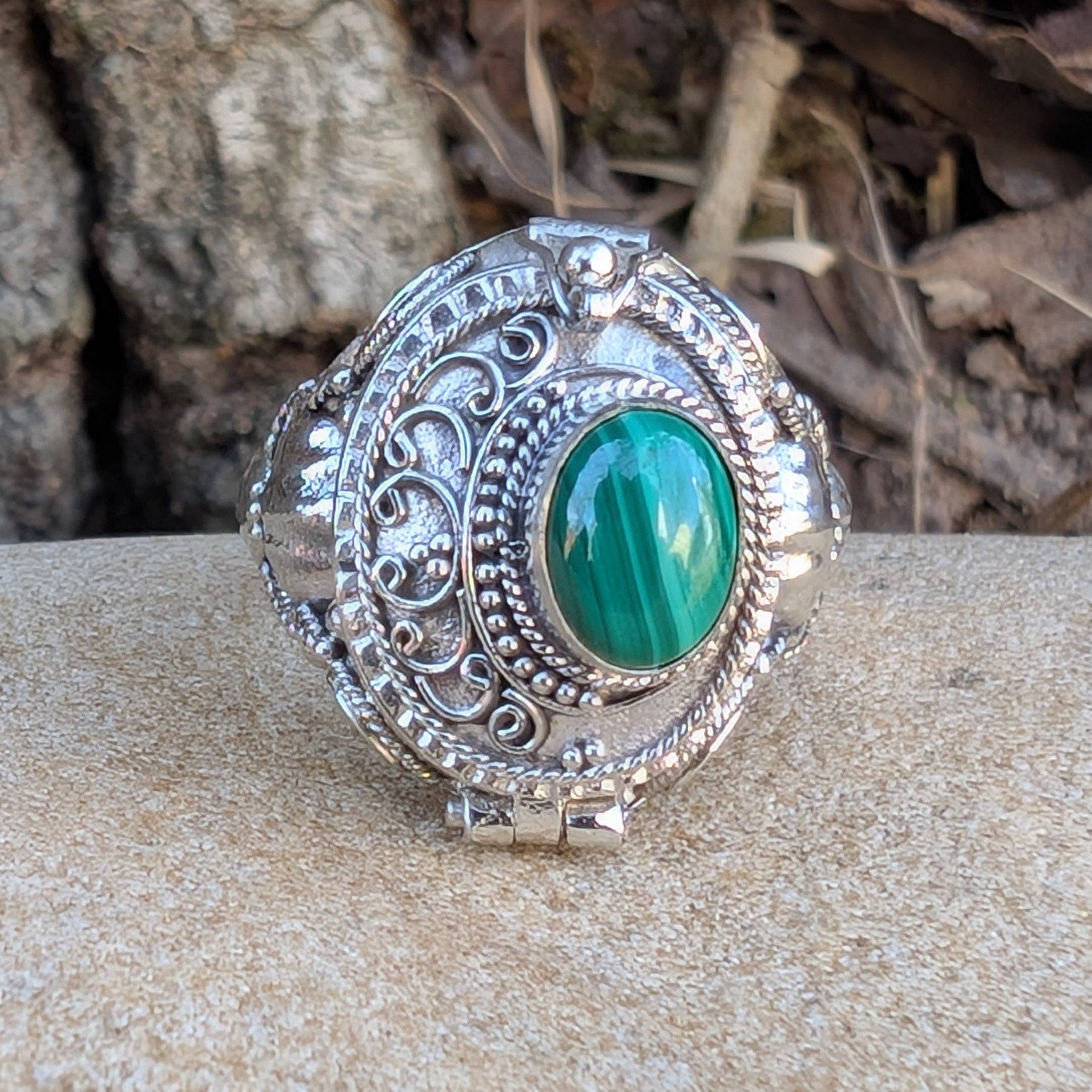 Medieval Eye - Gemstone Poison Box Locket Ring in Sterling Silver: Tiger Eye / 7