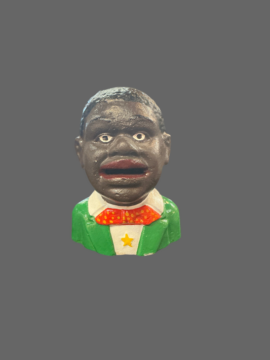 Cast Iron Money Bank Black Boy with Green Shirt Black Americana