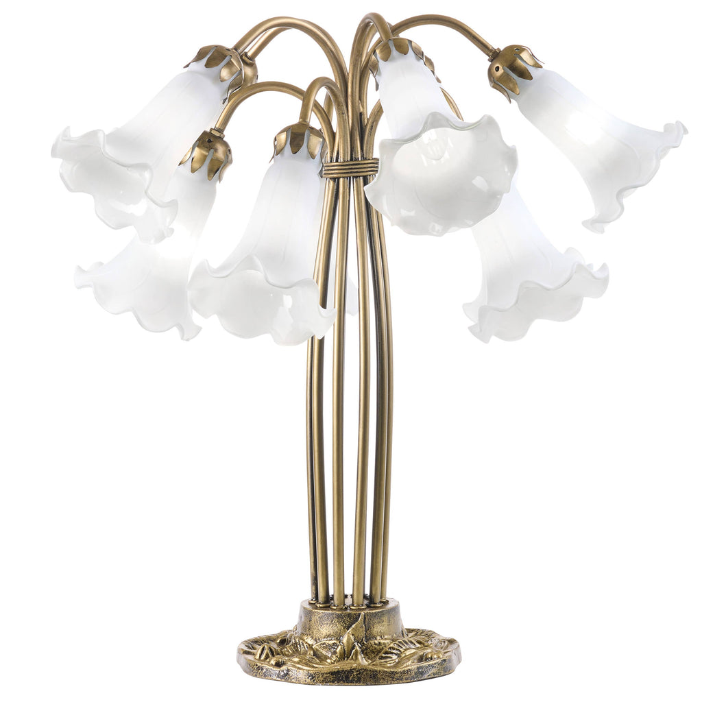 21" Lily 10-Light Antique Brass and White Glass Table Lamp