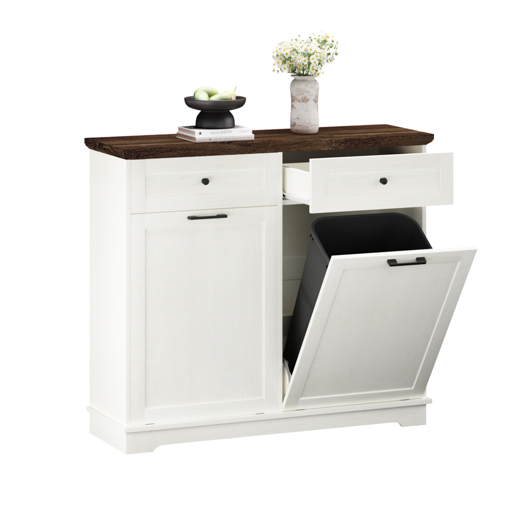 20 Gallon Double Tilt Out Trash Can Cabinet Freestanding Trash Bin Cabinet Wood Garbage Recycling Cabinet with Hideaway Drawer Pet Proof Trash Can Holder for Kitchen Living Room, Antique White: Default