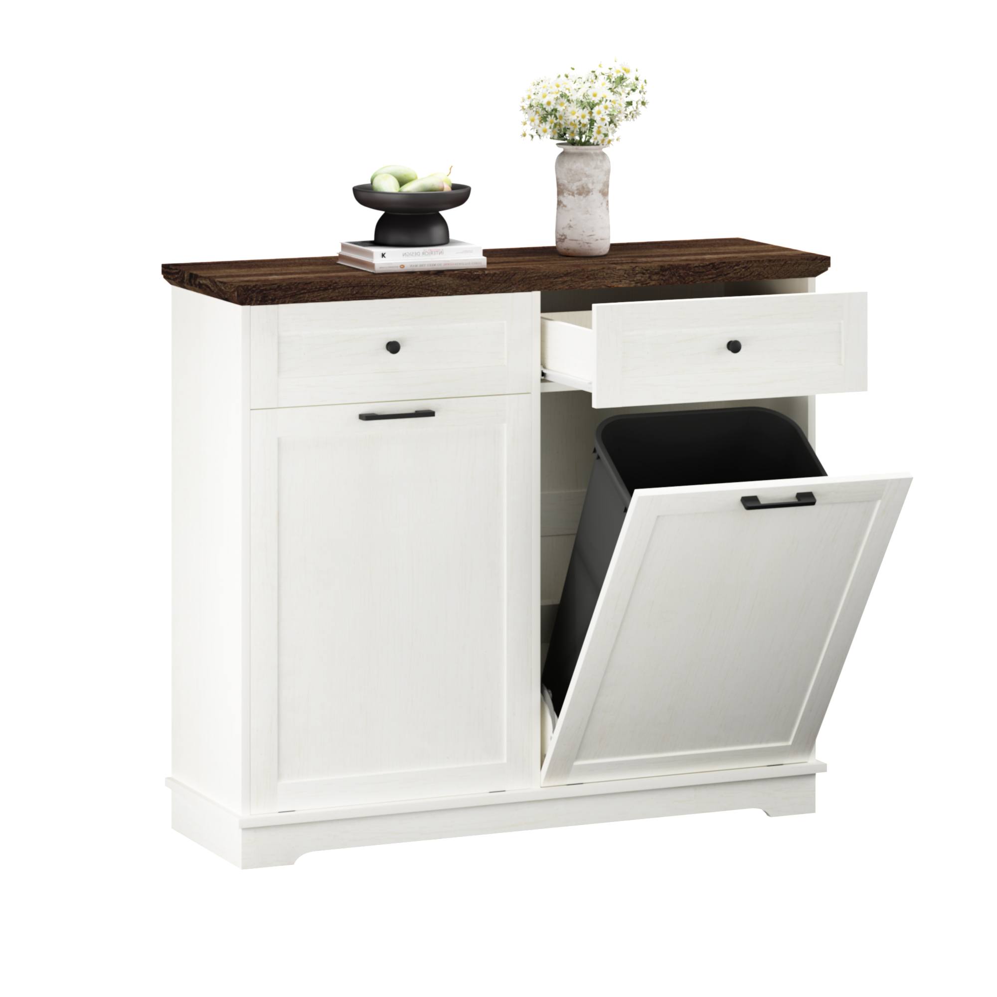 20 Gallon Double Tilt Out Trash Can Cabinet Freestanding Trash Bin Cabinet Wood Garbage Recycling Cabinet with Hideaway Drawer Pet Proof Trash Can Holder for Kitchen Living Room, Antique White: Default