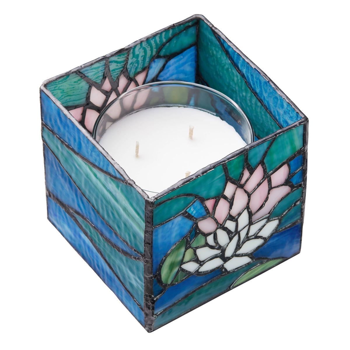 4.75" Blue Lotus Pond Stained Glass Candle Holder