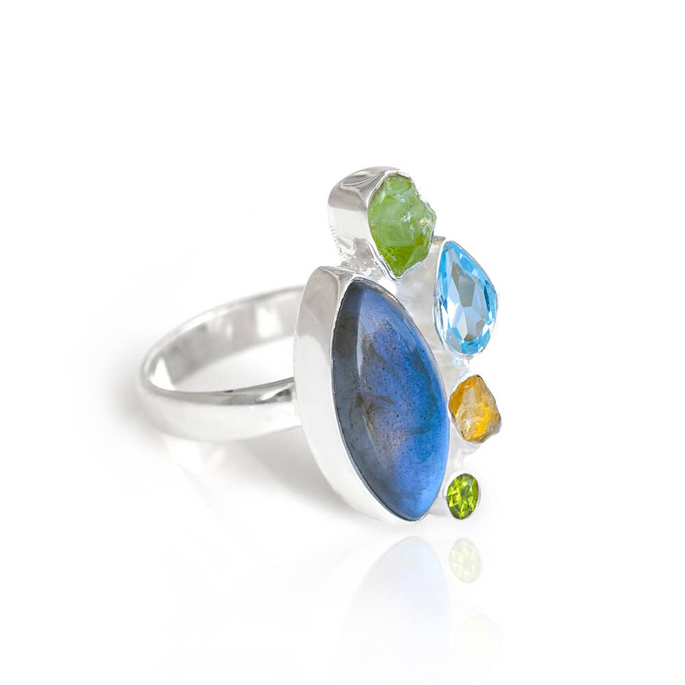 Labradorite Blue Topaz Multi Gemstone Sterling Silver Ring: 9