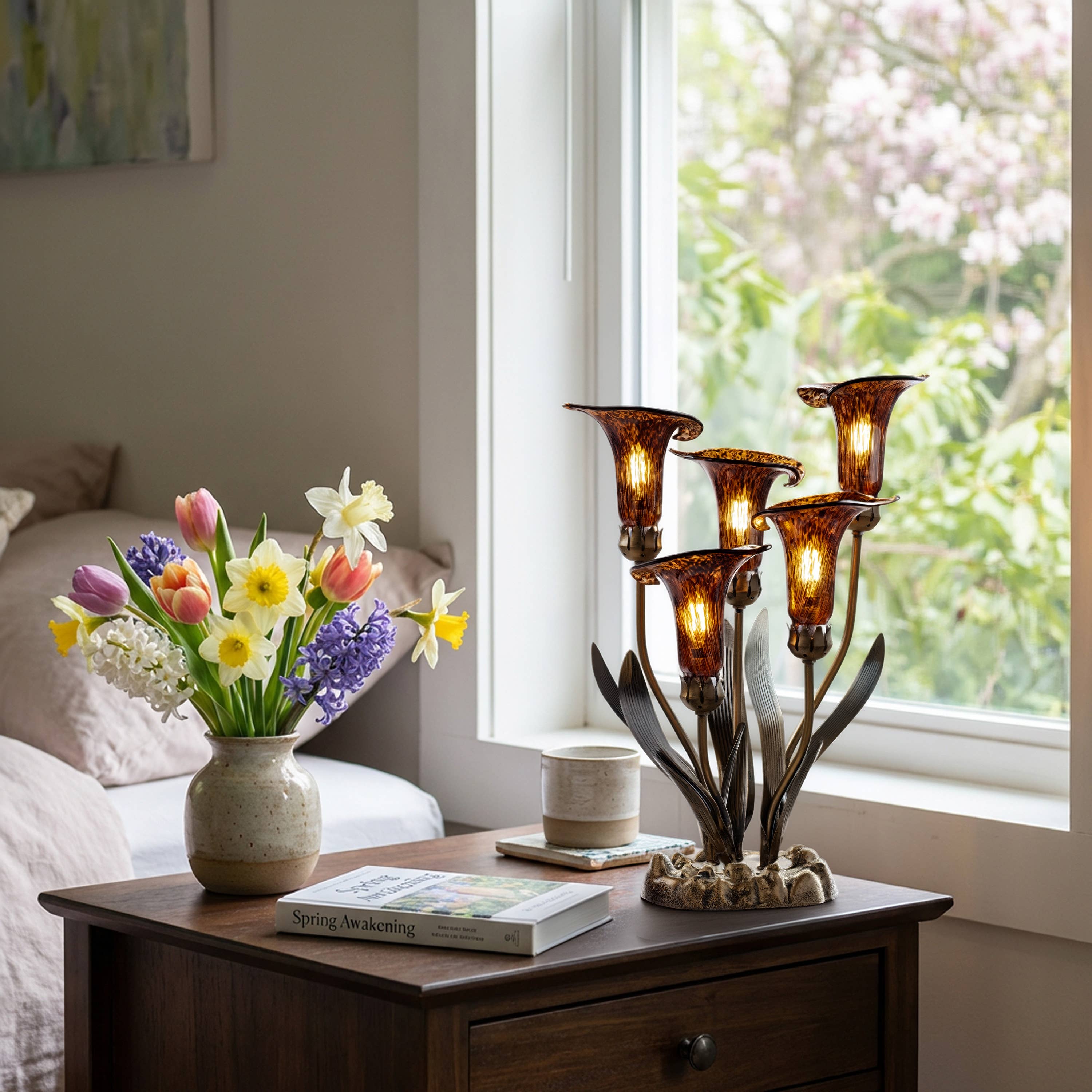 20"H Amber Hand Blown Glass 5 Calla Lily Uplight Table Lamp