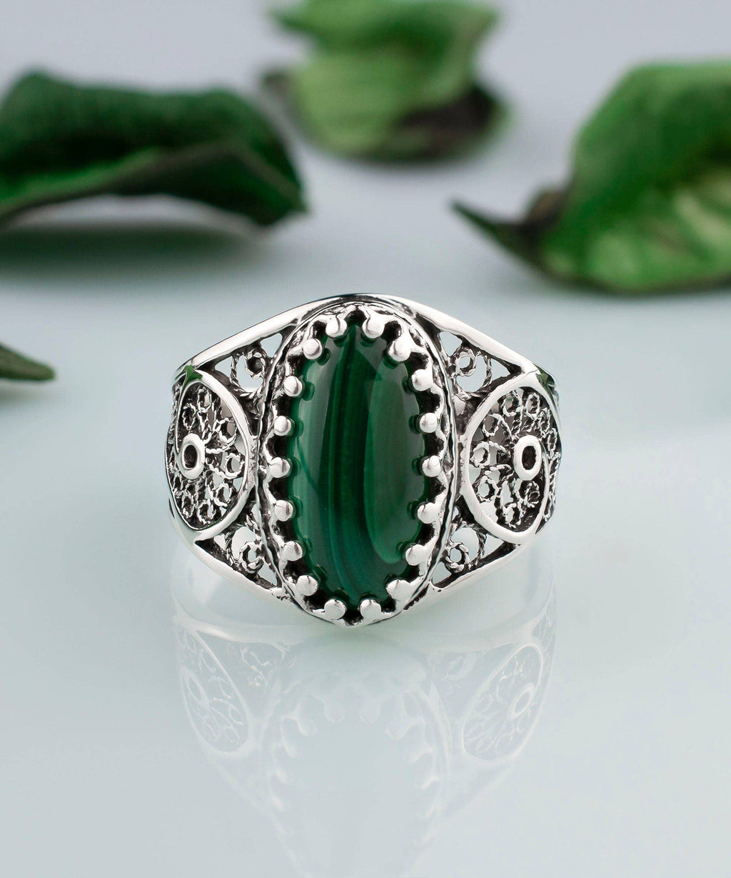 Art Malachite Gemstone Women Silver Ring: Malachite / 8