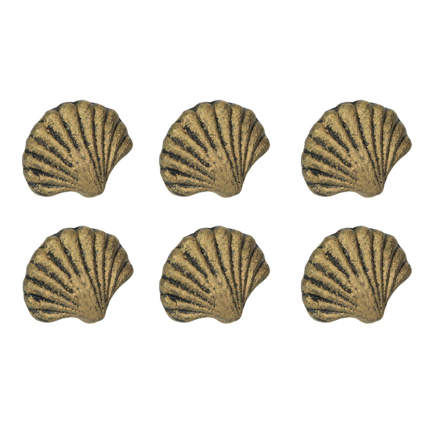 Set of 6 Gold Cast Iron Scallop Sea Shell Drawer Pulls