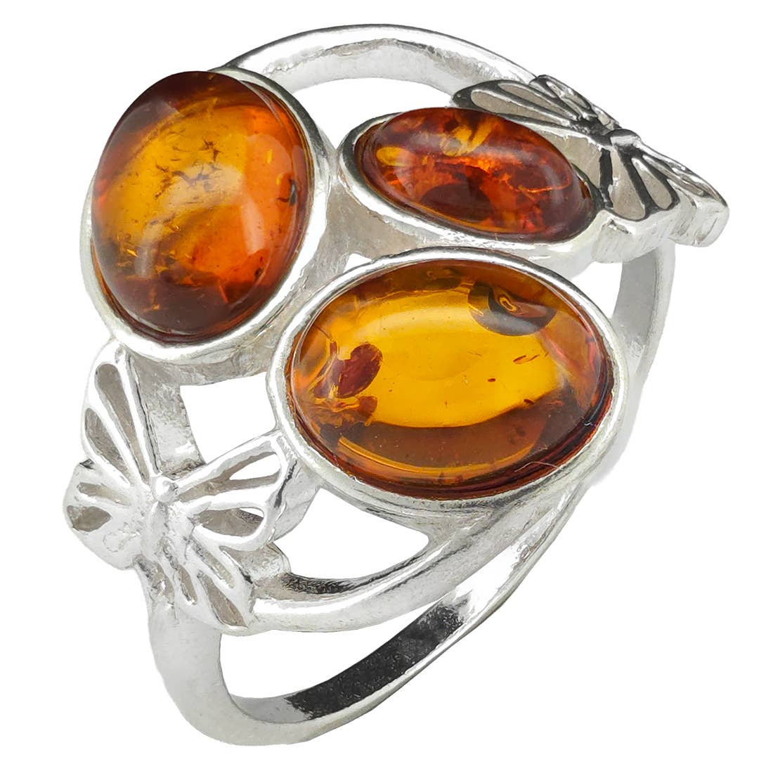 Butterfly Design Cognac Amber Sterling Silver Ring: 7