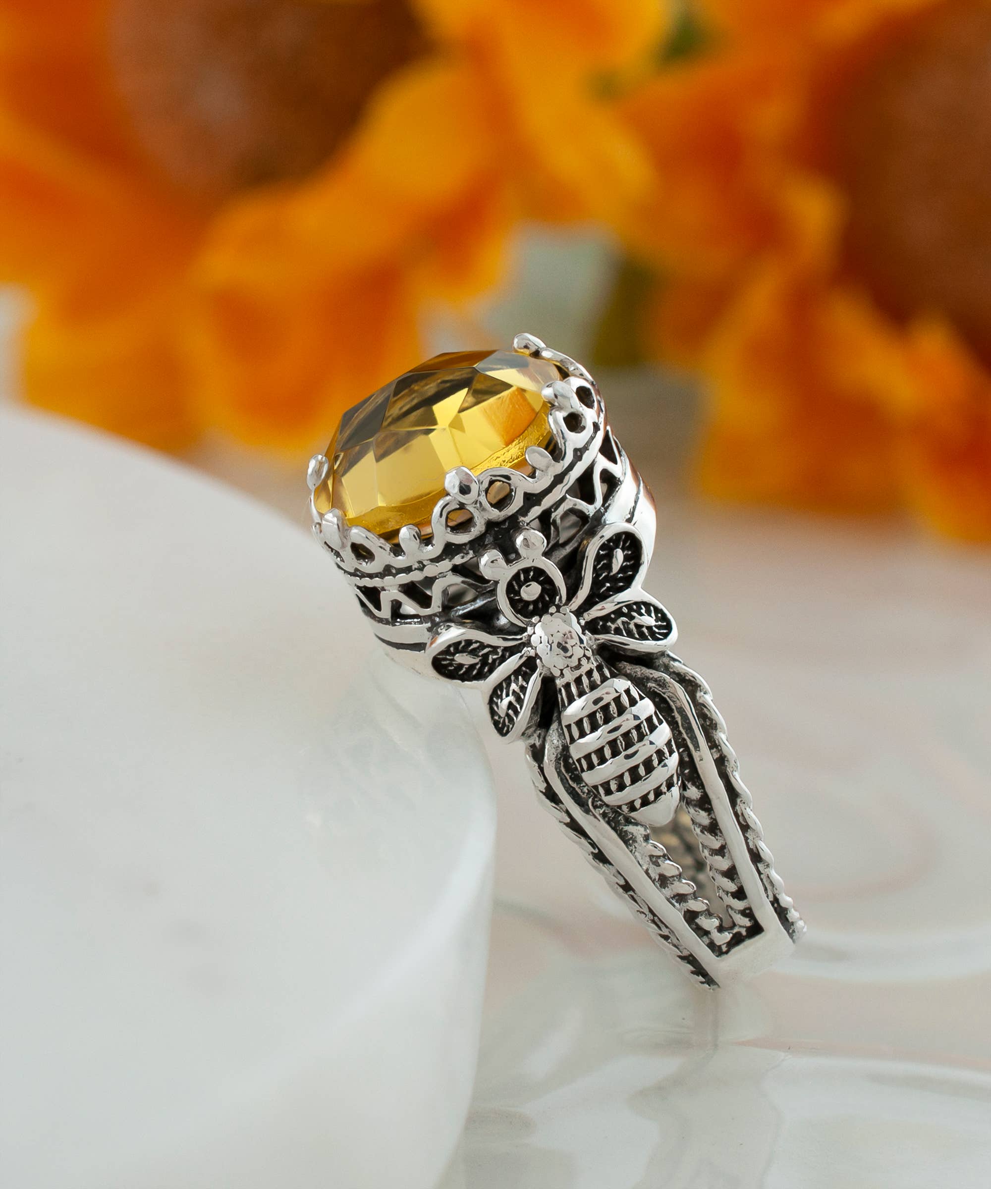 Art Bee Detailed Citrine Women Silver Ring: 7