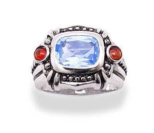 Cushion Blue Topaz Garnet Sterling Silver Ring: 6