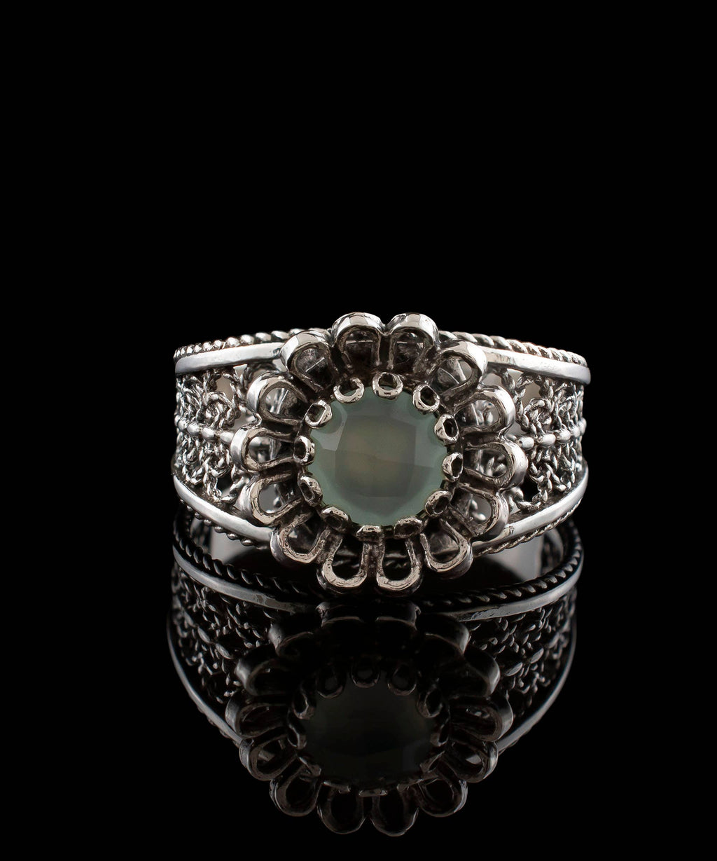 Filigree Art Daisy Figured Aqua Chalcedony Gemstone Women Sterling Silver Cocktail Ring: 7