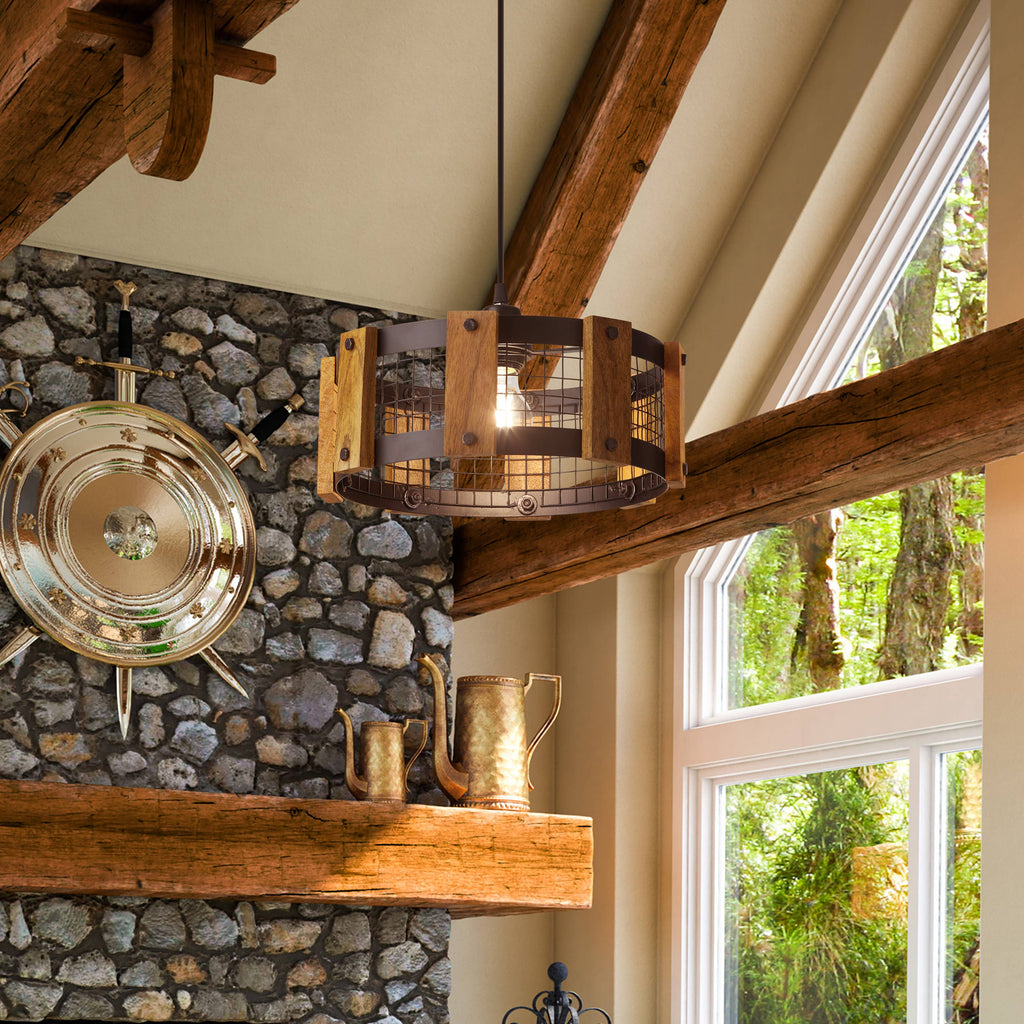 12"W Black Painted Metal Pendant Light with Wood Shade