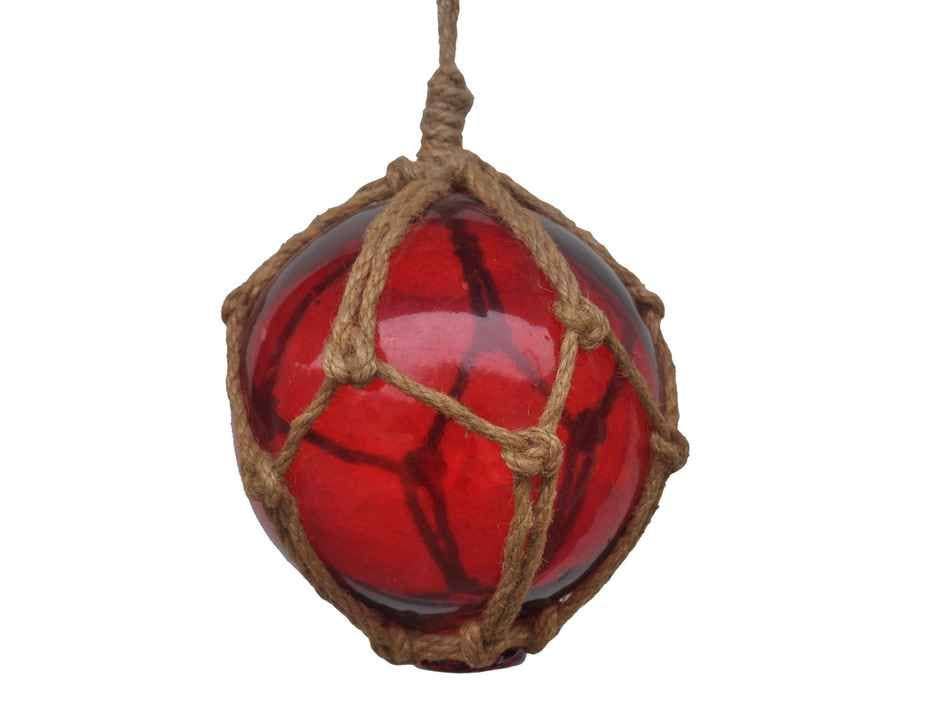 Red Japanese Glass Ball Fishing Float With Brown Netting Decoration 6"