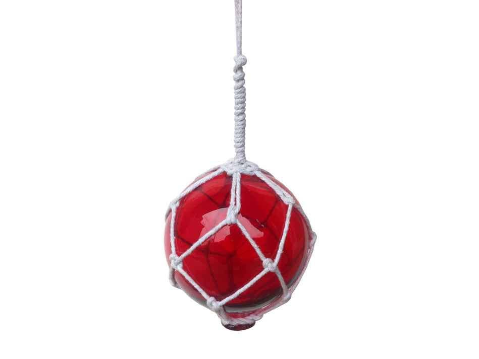 Red Japanese Glass Ball With White Netting Christmas Ornament 4"