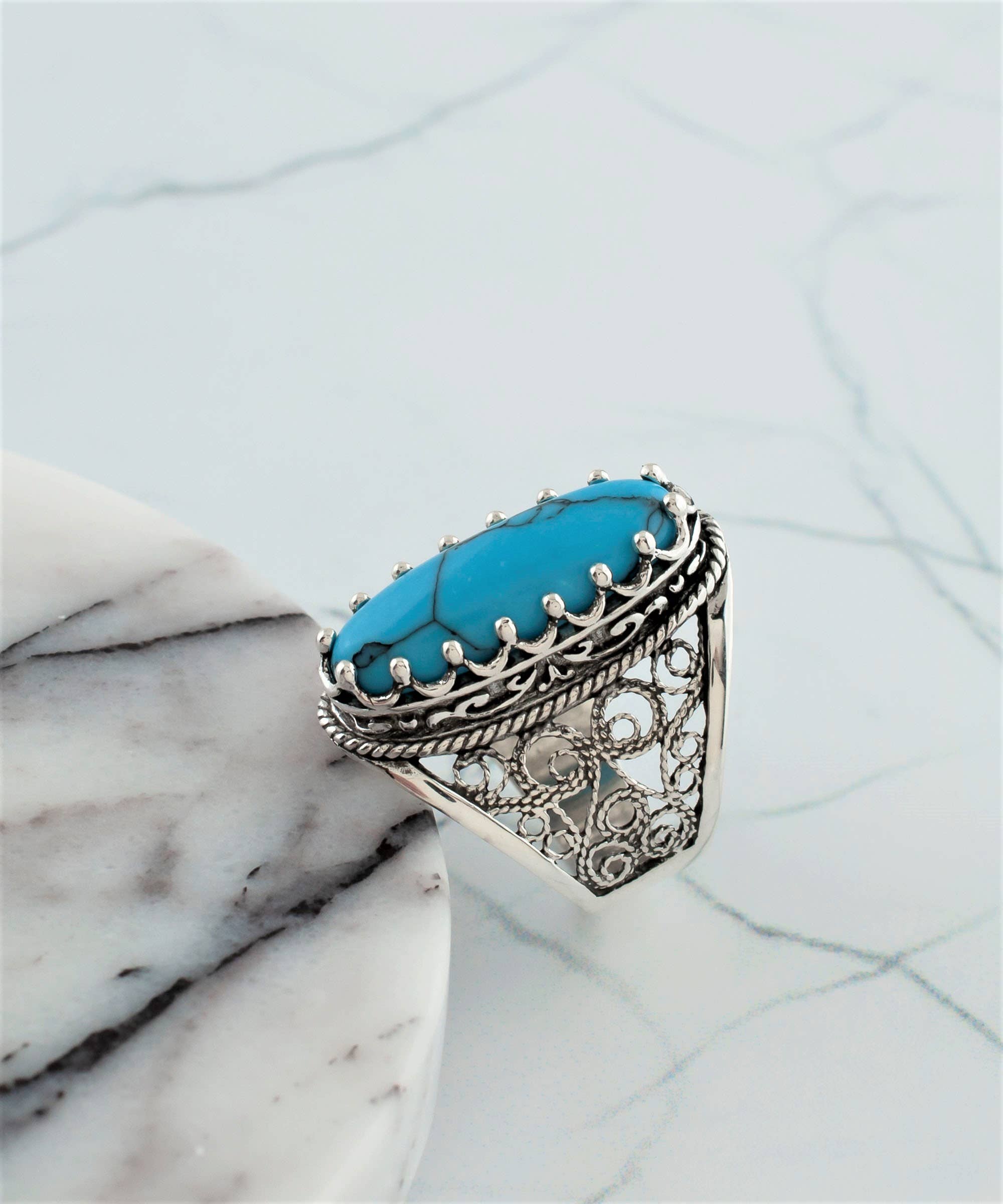 Filigree Art Turquoise Gemstone Women Sterling Silver Long Statement Ring: Turquoise / 7