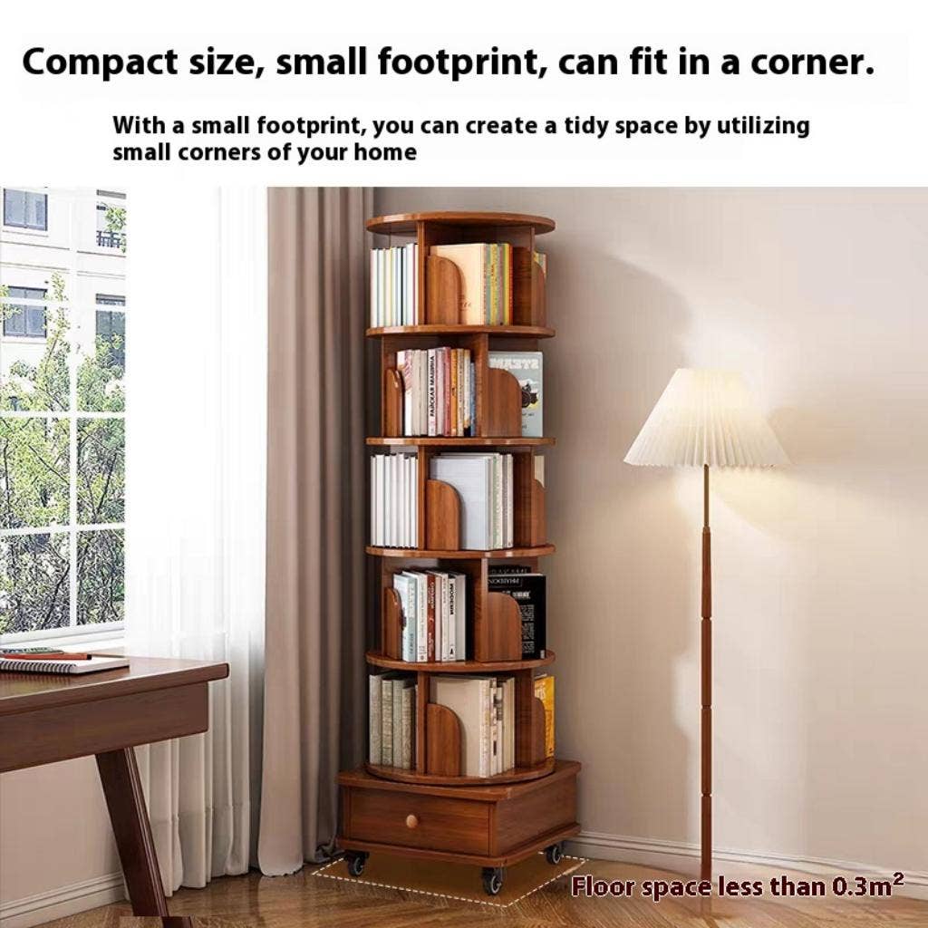 Rotating Wooden Bookcase with Storage Drawer,Swivel Design: White / 5-Tier