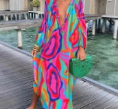 Rose Red XL women's swing dress vacation v neck printing long sleeve printing maxi long dress holiday