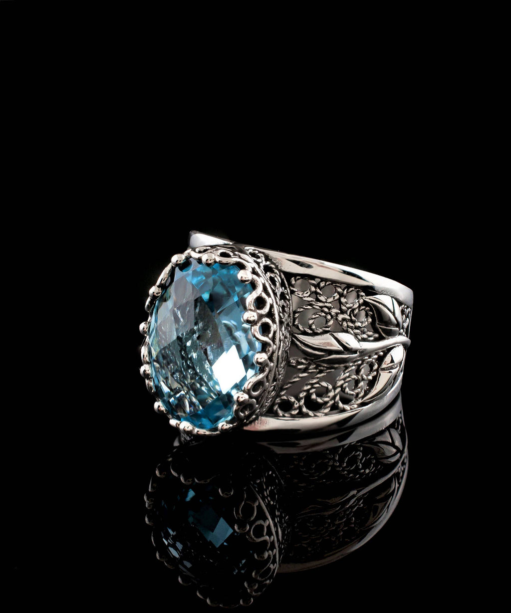 Filigree Art Blue Topaz Gemstone Tulip Detailed Women Sterling Silver Statement Ring: Blue Topaz / 10