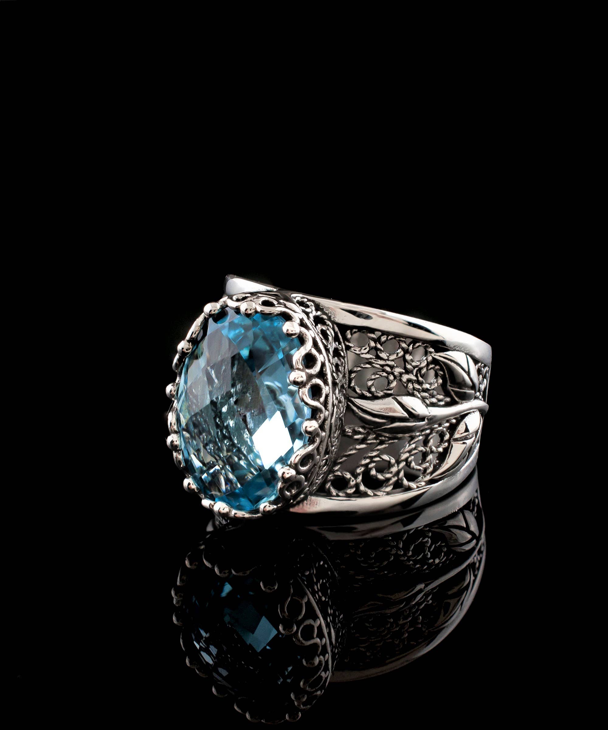 Filigree Art Blue Topaz Gemstone Tulip Detailed Women Sterling Silver Statement Ring: Blue Topaz / 10