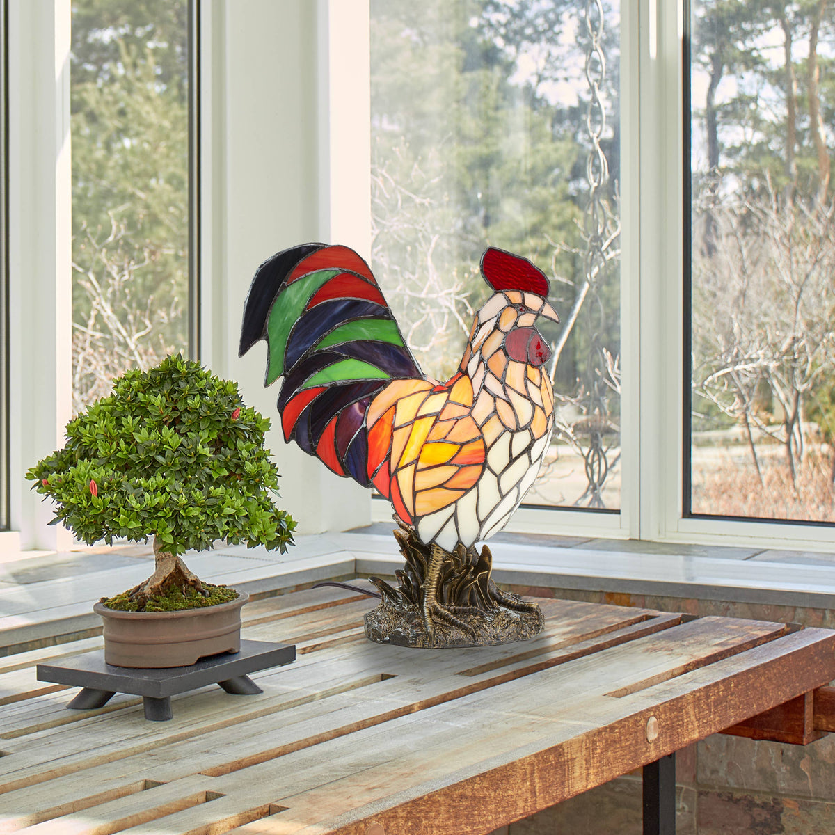 15" Tiffany-Style Rooster Multi-Color Novelty Accent Lamp