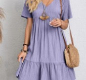 Light Green L women's regular dress elegant v neck pleated short sleeve solid color knee-length daily