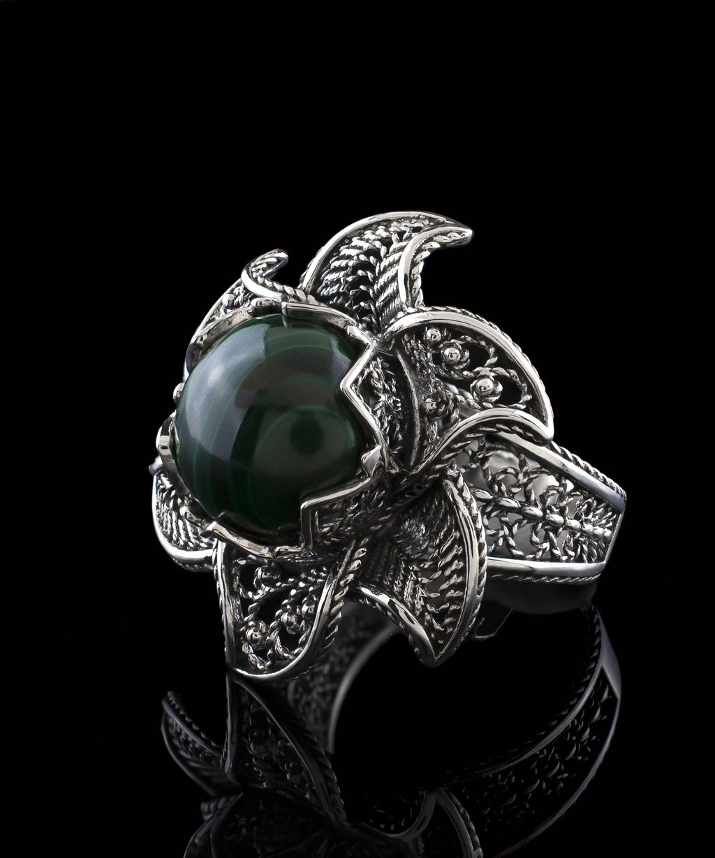 Art Lotus Flower Malachite Gemstone Women Silver Ring: 7