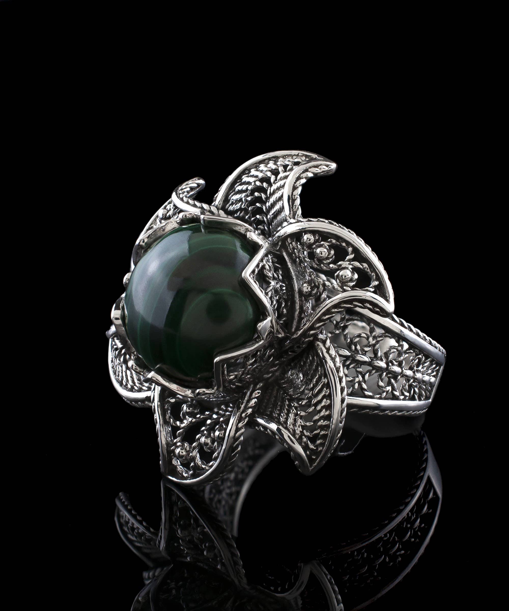 Art Lotus Flower Malachite Gemstone Women Silver Ring: 7