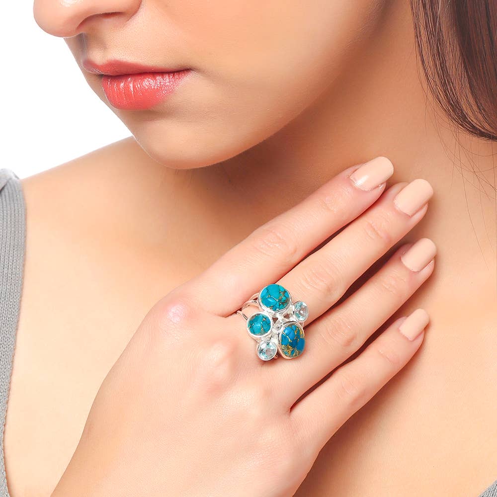 Blue Turquoise & Topaz  925 Sterling Silver Cocktail Ring: 9