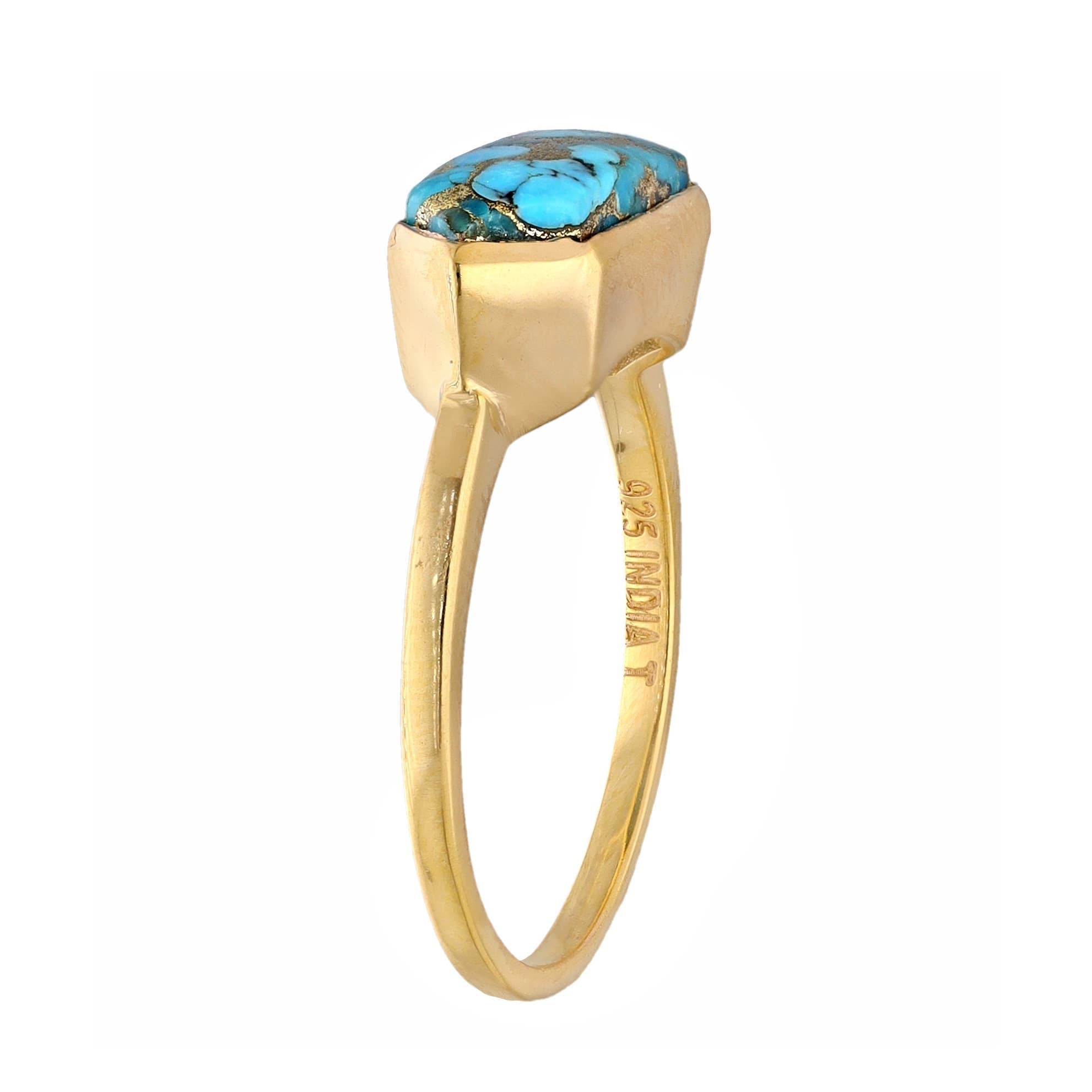 Gold Plated Over Silver Blue Copper Turquoise HexaGlow Ring: 8