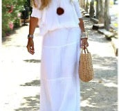 White XL women's regular dress casual boat neck short sleeve solid color maxi long dress daily
